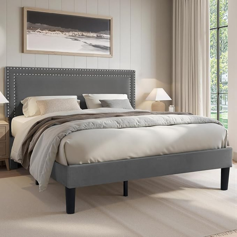 VECELO polsterdatud voodi 140 x 200 cm, Kahekohaline voodiraam reguleeritava kõrgusega peaplaadiga, pehmendusega voodiraam lamelliraamiga, sametkattega, täiskasvanutele ja teismelistele, ilma madratsita, hall