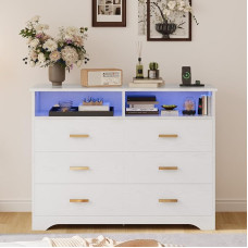 IRONCK sahtlikapp valge, 6 sahtliga, LED ribade ja 2 pistikupesaga, USB + C-tüüpi ühendus, sahtlikapp magamistuppa, elutuppa, töötuppa, koridori, 120 cm laiusega