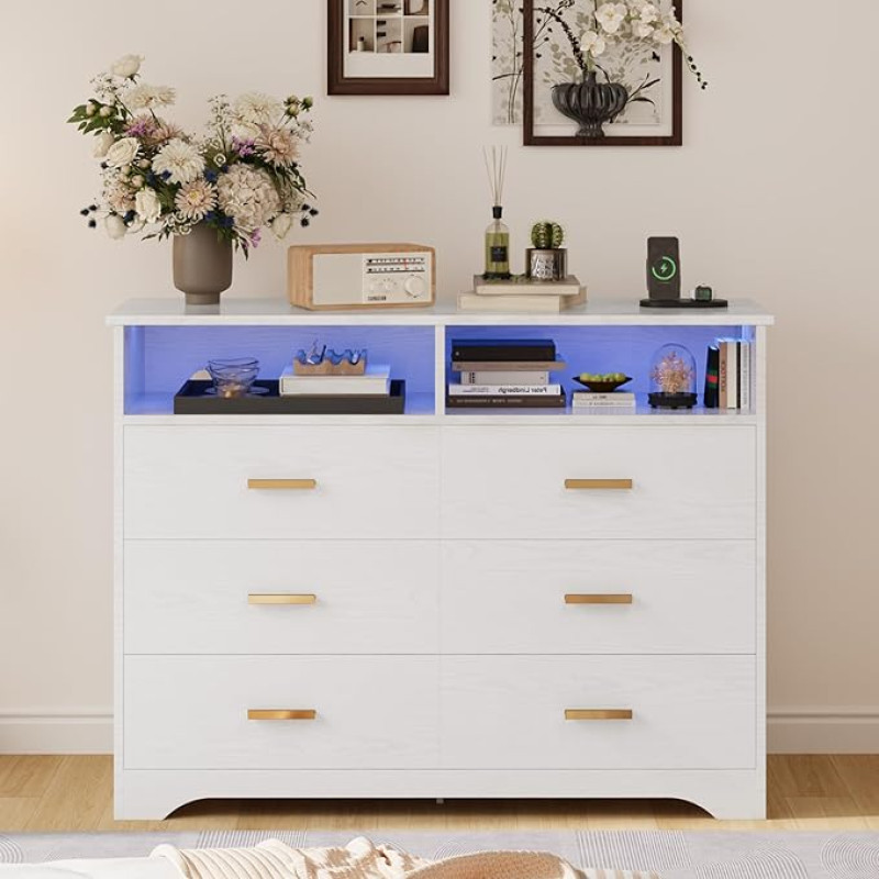 IRONCK sahtlikapp valge, 6 sahtliga, LED ribade ja 2 pistikupesaga, USB + C-tüüpi ühendus, sahtlikapp magamistuppa, elutuppa, töötuppa, koridori, 120 cm laiusega