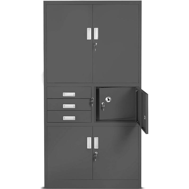 Jan Nowak arhiivikapp, kontorikapp, metallist kapp koos seifiga, 3 sahtlit, reguleeritava kõrgusega riiulid, salajane sektsioon, pulbervärvitud, kontorisse, arhiivi, 185 cm x 90 cm x 40 cm, antratsiit