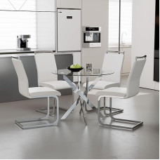 GOLDFAN Ümmargune söögilaud 4 tooliga Modernne köögilaud Klaasist lauakomplekt Söögitoa toolid Söögitoa lauad söögitoa elutuppa 80 cm Valge