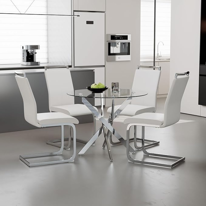 GOLDFAN Ümmargune söögilaud 4 tooliga Modernne köögilaud Klaasist lauakomplekt Söögitoa toolid Söögitoa lauad söögitoa elutuppa 80 cm Valge