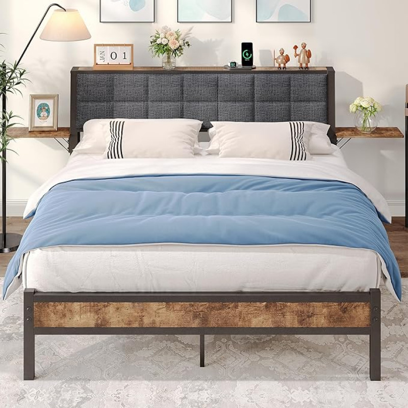 JUISSANO polsterdatud voodi 140 x 200 cm lamelliraamiga, metallist ja puidust voodiraam, kaasaegne metallist voodiraam/voodi 140 x 200 cm koos panipaigaga ja 2 tiibadega küljelauaga, kaheinimesevoodi, must + voodipesu.