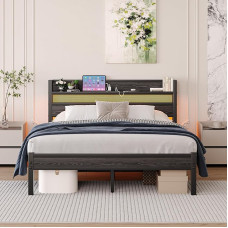 HAHRIR 120 x 200 cm metallist voodiraam koos peaplaadi ja laadimisjaamaga / LED-valgustusega, raske metallist voodiraam, tugevast terasest liistudega alus, rustikaalne pruun