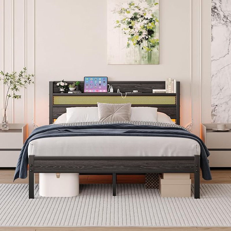 HAHRIR 120 x 200 cm metallist voodiraam koos peaplaadi ja laadimisjaamaga / LED-valgustusega, raske metallist voodiraam, tugevast terasest liistudega alus, rustikaalne pruun