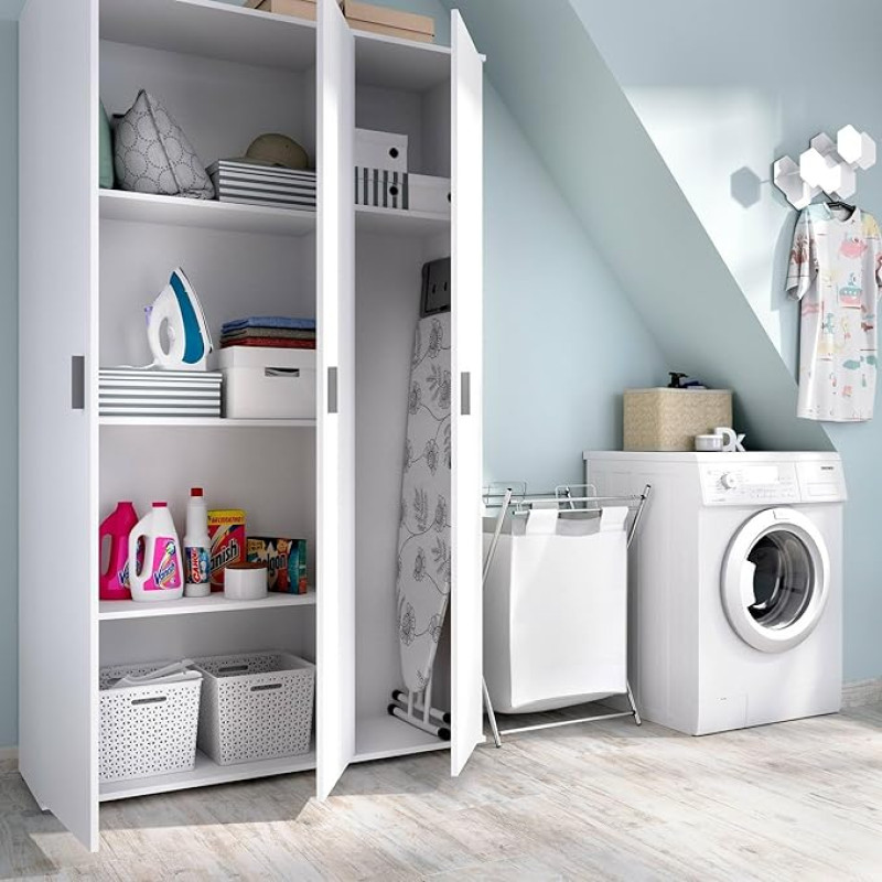 Dmora - Sillano suur mitmeotstarbeline kapp, multifunktsionaalne luudahoidja, 3-ukseline riidekapp, 116 x 35 x 190 cm, valge