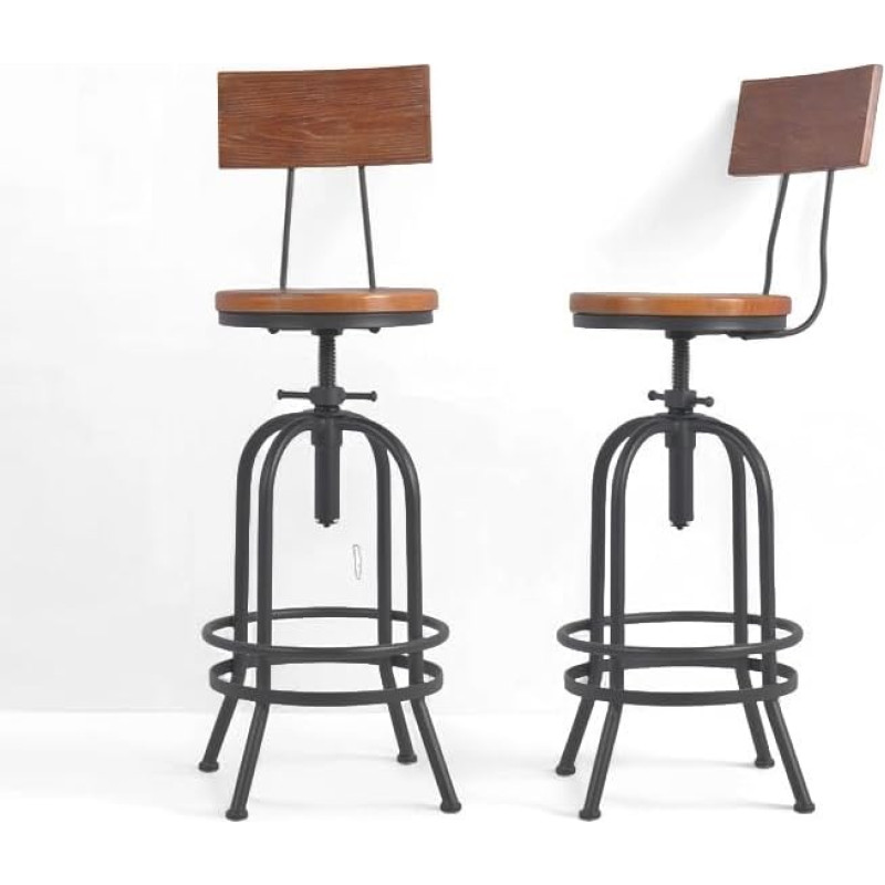 BOKKOLIK 2 tööstusliku baaritooli komplekt koos seljatoega Pöörlev puidust istmega baaritooli reguleeritava kõrgusega 26-32-tolline köögisaare söögitooliga