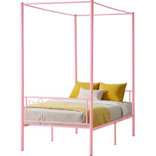 VEVOR Twin Size Metal Canopy voodiraam minimalistliku pealae ja varikatuse disainiga Raske teraslattide tugi (ümmargune), voodi all hoiuruum, ei vaja kastivedrusid, roosa