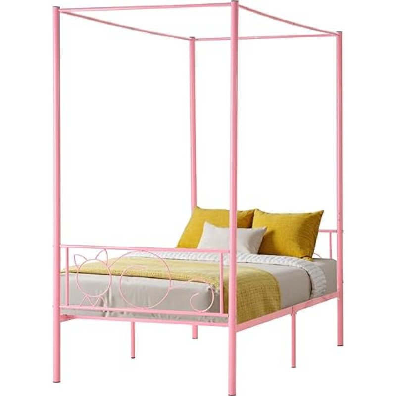 VEVOR Twin Size Metal Canopy voodiraam minimalistliku pealae ja varikatuse disainiga Raske teraslattide tugi (ümmargune), voodi all hoiuruum, ei vaja kastivedrusid, roosa