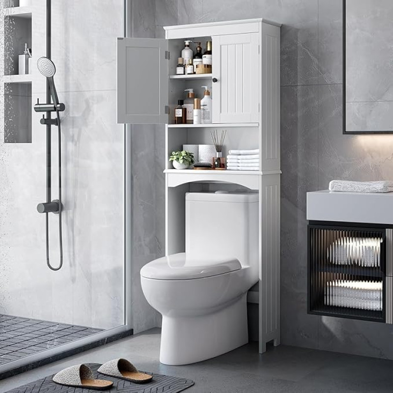 Bealife WC riiul, üle WC riiuli 3-tasandiliste reguleeritavate riiulitega, WC ülestõstetav kapp vabalt seisev, 167 x 60 x 23 cm superstruktuuri WC kapp topelt ustega vannituppa - valge