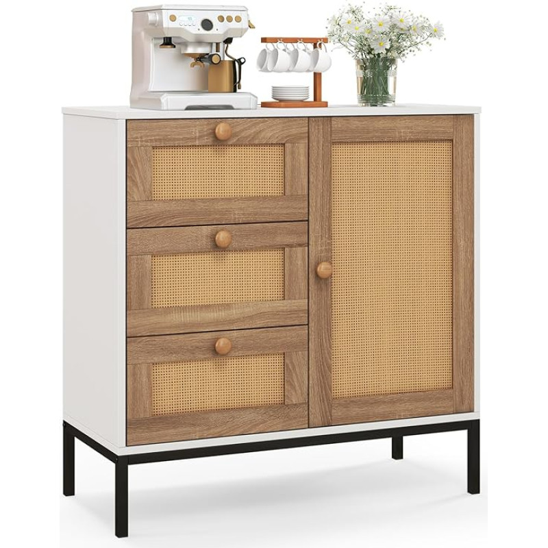 COSTWAY rotangist külaliskapp, 1 ukse ja 3 sahtliga kapp, köögikapp 80 x 35 x 80,5 cm, elutoa kapp, buffetkapp, köögisaar kööki, elutuppa, söögituppa (1)