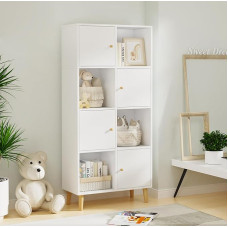 Lvhecforhm raamaturiiul, seisev riiul, kuubikriiul, 8-kohaline raamaturiiul, 4 ukse ja 4 jalaga ruumijaoturriiul, valge kuubikriiul puidust, kallutuskaitsega, magnetiline sulgemine 64,5 x 30 x 138