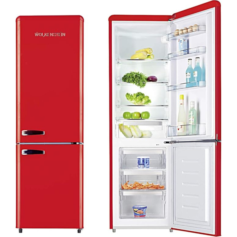 Wolkenstein KG250.4RT FR Külmik-puhastuskombinatsioon, punane, 249 liitrine netomaht, 4 x 69 liitrine sügavkülmik, väline kroomitud käepide, hõbedased aplikatsioonid, vabalt seisev