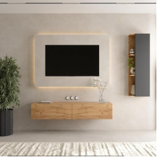 Planetmöbel TV kapp, TV statiiv 160 cm pikk, 1 x TV kapp 40 x 130 x 17 cm rippuv, TV kapp elutuppa, 1 x TV Lowboard 160 x 30 x 37,8 cm, kuldne tammepuit
