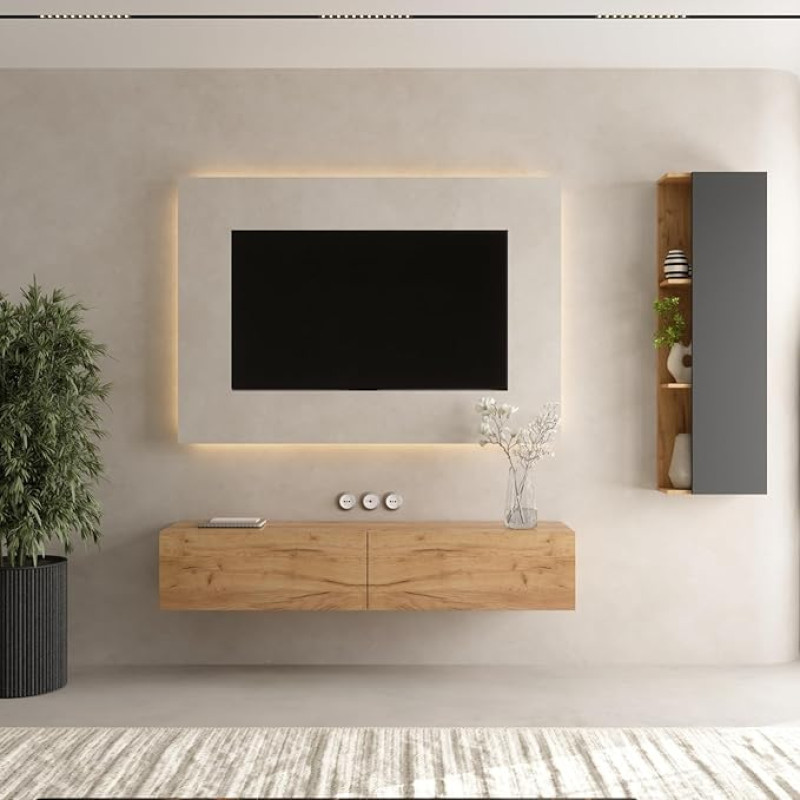 Planetmöbel TV kapp, TV statiiv 160 cm pikk, 1 x TV kapp 40 x 130 x 17 cm rippuv, TV kapp elutuppa, 1 x TV Lowboard 160 x 30 x 37,8 cm, kuldne tammepuit