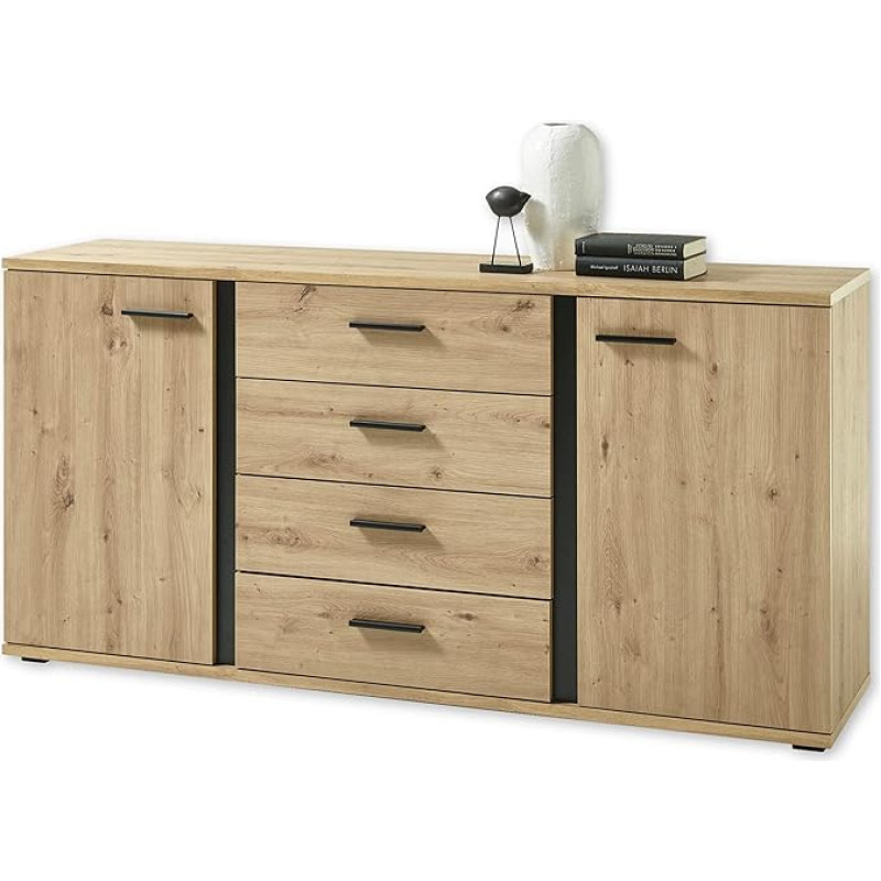 Kanada Sideboard käsitöönduslikus tamme välimuses, must, kaasaegne sahtlitega kapp elutuppa, 170 x 84 x 40 cm (B x K x S)