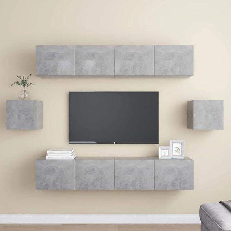 Homgoday TV-Schrank-Set, 6 Stück, Grau, Beton, Spanplatte, TV-Schrank, niedriger Schrank für TV, Couchtisch, Wohnzimmer, TV-Schrank für TV-Schränke Wohnzimmer