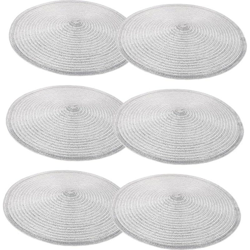 Holibanna 6 Stück Runde Set Tischsets aus Baumwolle Hitzebeständige Abwaschbare Platzdeckchen für Küche Esszimmer Elegant Gewebte Untersetzer Silber für Heiße Töpfe Pfannen