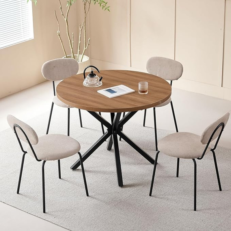 DEYARNA HOME Söögilaua ja toolide komplekt, 100 cm ümmargune söögilaud koos 4 korrastatava köögitooliga, sobib ideaalselt kööki, elutuppa, rõdule, restorani, kontorisse (beež).