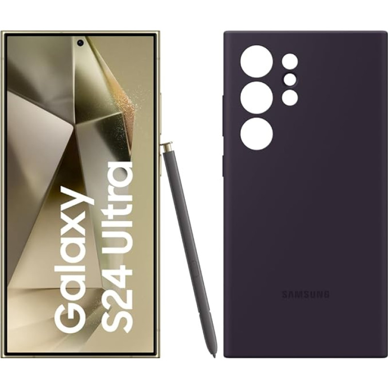 Samsung Galaxy S24 Ultra AI nutitelefon, 12 GB RAM / 512 GB mälu, Titanium kollane, Silikoonist ümbris tumelillakas