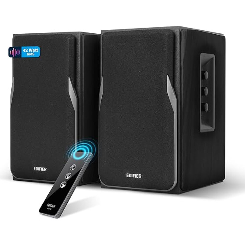 EDIFIER Studio R1380T 2.0 riiulitele mõeldud kõlarisüsteem (42 W) ehtsast puidust korpuses (MDF). Kaks LINE IN porti. Infrapunane kaugjuhtimispult ja külgmised juhtseadmed bassi, kõrguste ja helitugevuse reguleerimiseks.