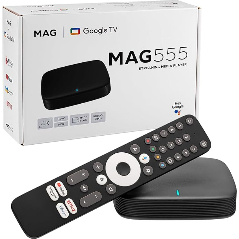 MAG 555 Original Infomir & hb-digital 4K HDR multimeedia vastuvõtja HDR koos Google assistendi, Netflixi, Prime Video, Disney+, YouTube, Dolby Atmosiga