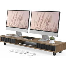 Fenge Dual Monitor Stand 108 cm suur ekraanialus 2 klaasist lükanduksega, reguleeritava kõrgusega monitorialus arvutile/laptopile/tv-le, kandevõime 50 kg (pruun)