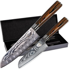Wolfblood Set of 2 Damascus Knife Set (30 cm and 24 cm) Professional Santoku Damask Kitchen Knife Made of Real 67 Layers Damascus Steel I Santoku Damascus Knife Set with Wooden Handle Gift Box & Blade