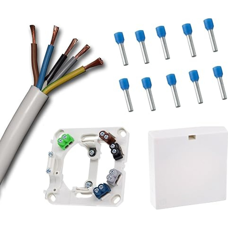 Cooker Connection Box with 3 Metre Cooker Connection Cable White H05VV-F 5G 2.5 mm² (3 m) and Coloured Connection Terminals Suitable for Cable Cores Including 10 x Matching Wire Sleeves