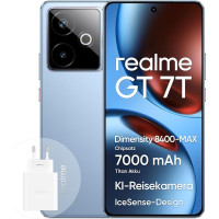 realme GT 7T nutitelefon 5G 12+256 GB, Dimensity 8400-MAX kiibistik, 7000 mAh Titanium aku, 6,78-tolline 1,5K 120Hz ekraan, AI Travel Snap kaamera, IP69, IceSense sinine