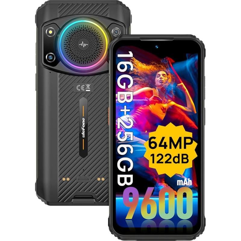 Ulefone Armor 21 Outdoor Smartphone 16+256GB/SD-2TB, 9600mAh Outdoor mobiiltelefon Octa-Core Helio G99, 122dB kõlar 6.58 FHD+ 120Hz, 64MP + 24MP kaamera Android 13 IP68 NFC/OTG/GPS 4G Dual SIM mustad