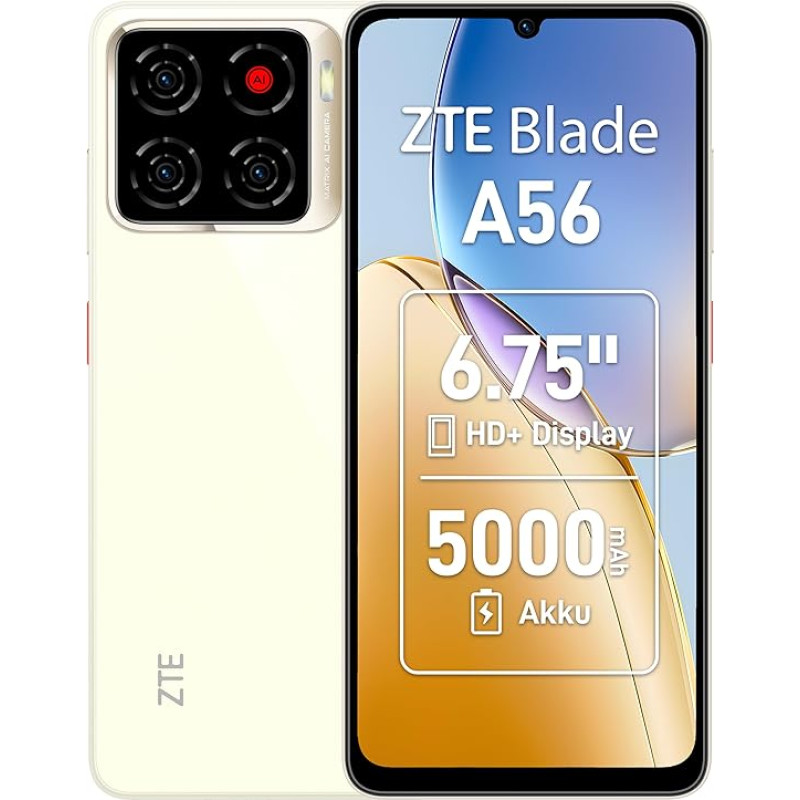 ZTE Blade A56 nutitelefon ilma lepinguta, 6,75-tolline HD+ ekraan (90 Hz), 4G LTE, 4GB RAM + 64GB mälu, 13MP AI kaamera, 8MP esikaamera, Dual SIM, Android 13, kuldne (2025 mudel)