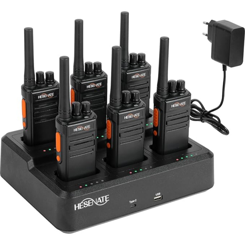 HESENATE HT66 Walkie Talkie PMR446 raadioside komplekt, tasuta, pika levialaga raadio, professionaalne Walky Talky, 16 kanaliga, pihuarvuti, Woki Toki (must, 6-kohaline komplekt) (koos 6-kohalise laadijaga)