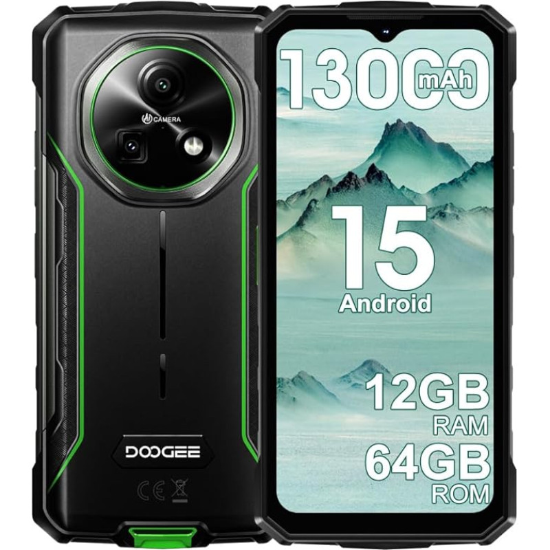 DOOGEE Fire 5 Android 15 mobiiltelefon väljas ilma lepinguta 2025, 13000 mAh 10 W, 6,6-tolline HD + 90 Hz, 12 GB + 64 GB/2 TB 4G väljas nutitelefon, 13 MP + 8 MP AI kaamera ehitusplatsil mobiilne