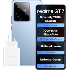 realme GT 7 nutitelefon, 5G Dual SIM, 12GB RAM, 512GB ROM, 6,8-tolline AMOLED-ekraan, Dimensity 9400e tippkiibistik, 7000mAh Titanium aku, 50MP kaamera, IceSense Blue (laadija kaasas)