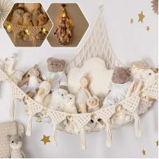 JanYoo Mänguasjade hoidmine, suures formaadis hoiuvõrk lastetoas rippuv mänguasjade korraldaja Boho makramee pehmed mänguasjad võrkkiik koos LED-tuledega pehmete mänguasjade jaoks, valge