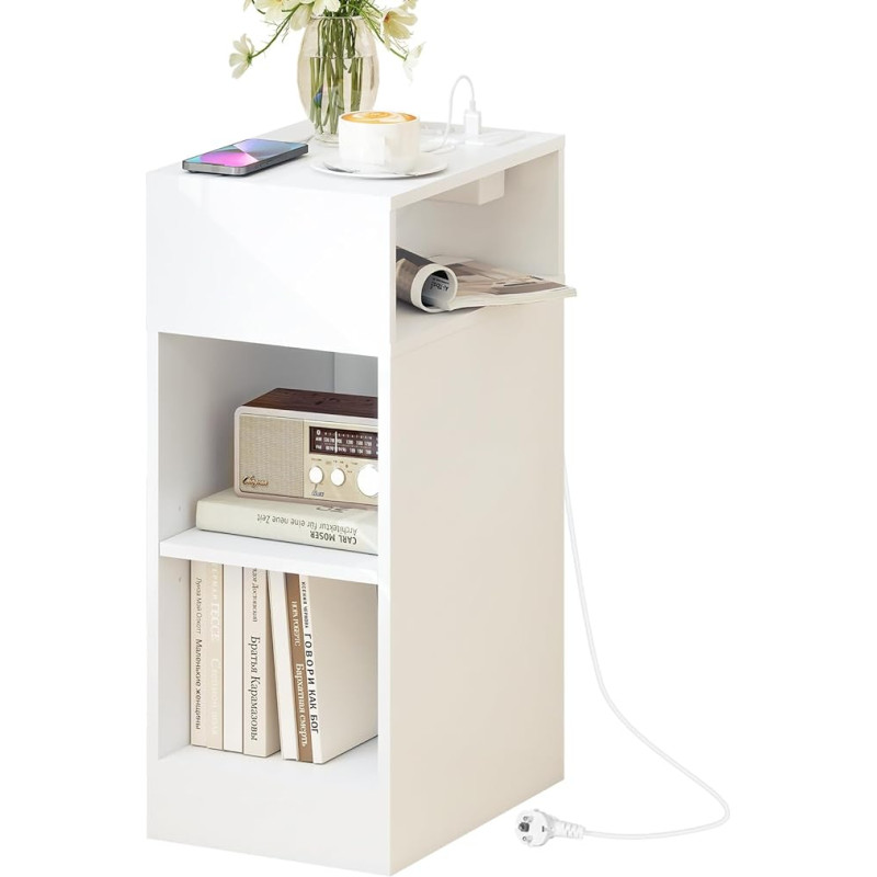 YOSHOOT kitsas puidust öökapp koos laadimisjaamaga, õhuke laud 3 avatud riiuliga, ruumi säästev küljeplaat magamistuppa, elutuppa, 25 x 35 x 61 cm (valge)