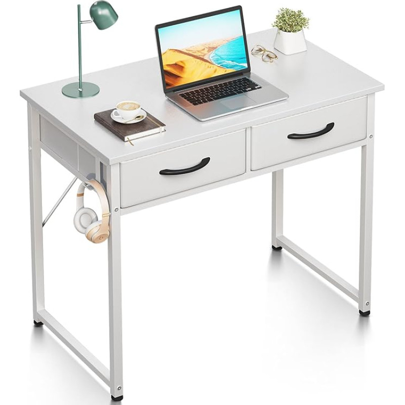 ODK Kirjutuslaud 2 sahtliga, 80 x 40 x 78,7 cm, väike kirjutuslaud kõrvaklappide hoidjaga, kontorilaud, arvutilaud, kontorilaud kontorisse, elutuppa, kodukontorisse, valge