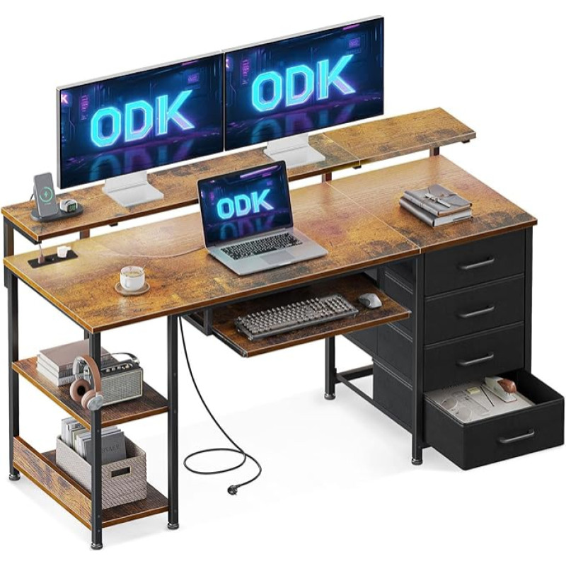 ODK laud 4 sahtliga, arvutilaud 2 pesa ja 2 USB-laadimispordiga, riiuliga arvutilaud, mängulaud klaviatuuririiuliga kontorisse, elutuppa (pruun, 140 x 52 x 92 cm)