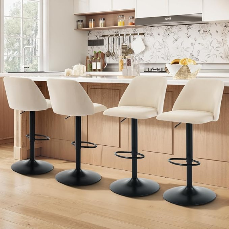 COLAMY 4 baaritooli komplekt seljatoega ja 360° pöörlemisfunktsiooniga, reguleeritava kõrgusega (63,5 - 84,5 cm), PU nahast valmistatud köögitoolid, toolid köögisaarele, söögituppa või kodubaarile, beeži värvi