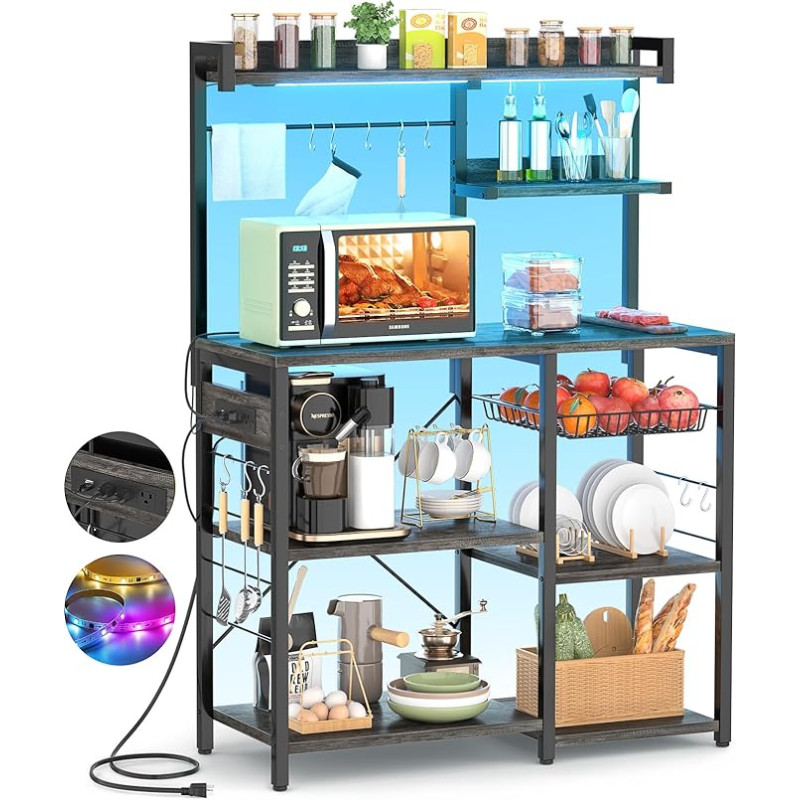 Aheaplus pagaririiul pistikupesa ja LED-niitide valgustusega, mikrolaineahju statiiv, köögiriiul traatekorviga, kohvibaar, jaam, saare laud 10 konksuga maitseainete, potid, must tammepuu