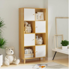 CHOWGOLI raamaturiiul, raamaturiiul, püstine riiul, kuubikujuline riiul 8 sektsiooniga ja 4 uksega, kaasaegse stiiliga hoiuriiul, raamaturiiul, valge ja beež, stiilne ja praktiline, 64,5 x 30 x 138 cm.