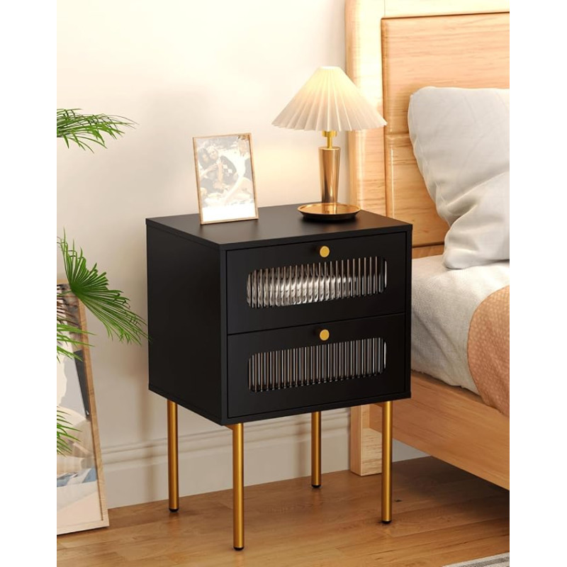 JERX öökapp prismaklaasiga, kaasaegne disain magamistuppa, külalistetuppa, kuldsed metalljalad (must, 2 sahtlit)