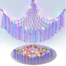 MHJY mänguasjade võrkkipp Pehmed loomad ladustamise võrk Pehme pehmed mänguasjad Suur nurgas rippuv võrk koos LED-valgusega Käsitsi kootud pluusist makramee korraldaja tupsuga lasteaia jaoks lasteaia jaoks