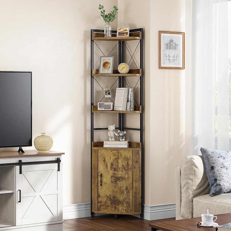 YITAHOME 4-tasandiline nurgariiul, tööstuslik raamaturiiul koos kabinetiga, põrandal seisev puidust raamaturiiul, hoiuriiulid elutuppa, kodukontorisse, koridori, vintage pruunid raamaturiiulid