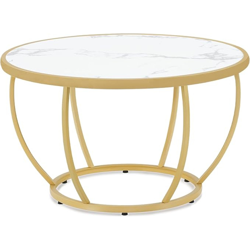 Barberpub ümmargune puidust kohvilaud, kaasaegne diivanilaud, väike metallist küljelaud, kohvilaud elutuppa, ilusalong, elutoa laud, marmorist valge kuld, 80 x 80 x 46,5 cm, 2185