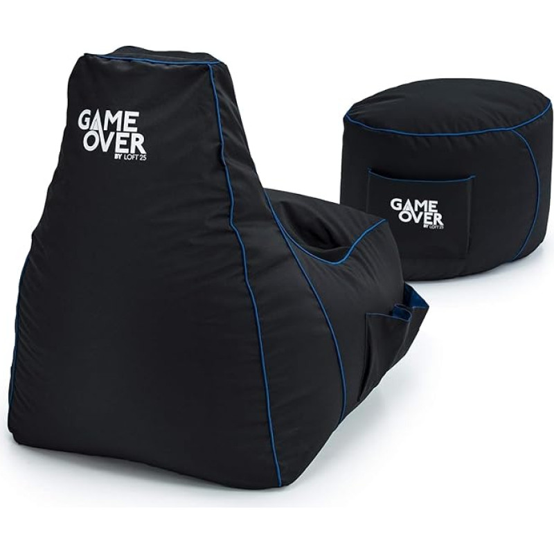 Game Over Video Gaming Bean Bag, mängutool ja jalgpadi, siseruumides, väljas, veekindel Bean Bag, küljetaskud kontrolleri jaoks, peakomplekti hoidja, ergonoomiline disain (Cerulean Lightning)