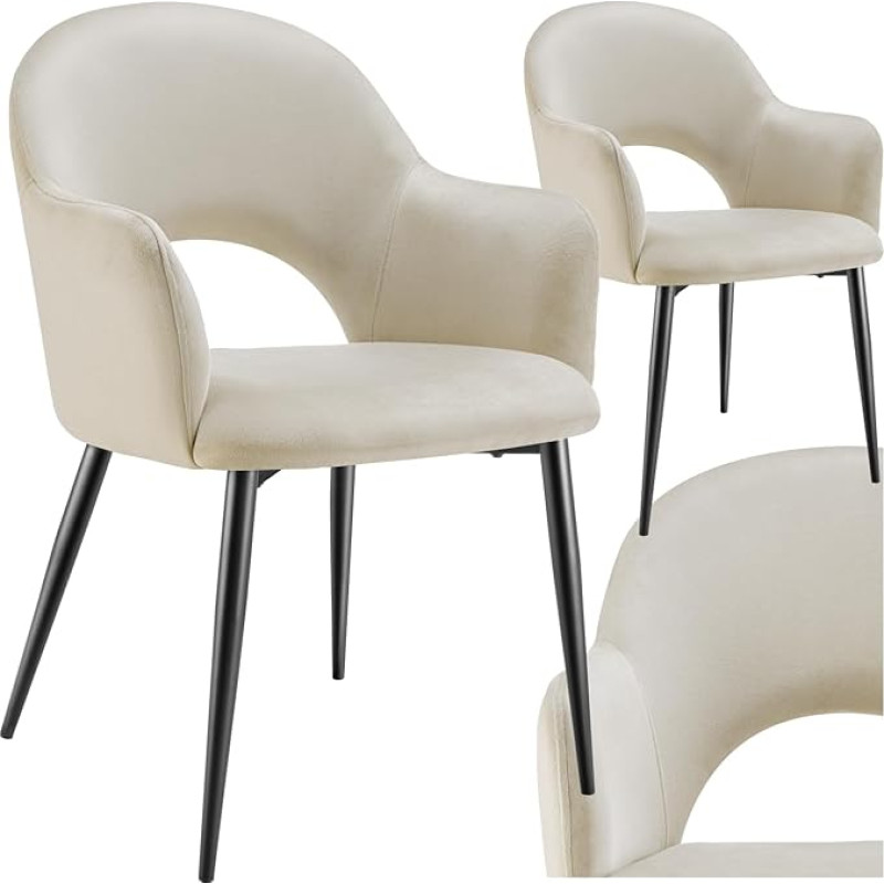 tectake® 2 käetoe komplekt sametist välimusega, polsterdatud söögitoa toolid, maksimaalne koormus 120 kg, mugava polstriga söögitoa toolid, köögitool, söögitoa toolid terasjalgadega, kreemjas värvus