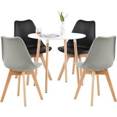 FURNITABLE Valge söögilaud 4 musta ja halli tooliga söögikomplekt Puidust laud Skandinaavia toolidega söögilaudade komplekt söögitoa kööki 80 cm