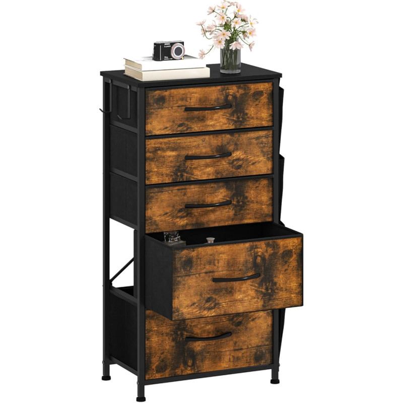 DWVO kapp 5 sahtliga, vastupidav kapp konksude ja küljetaskutega, kangast sahtlid käepidemetega, vastupidav metallraam, rustikaalne pruun